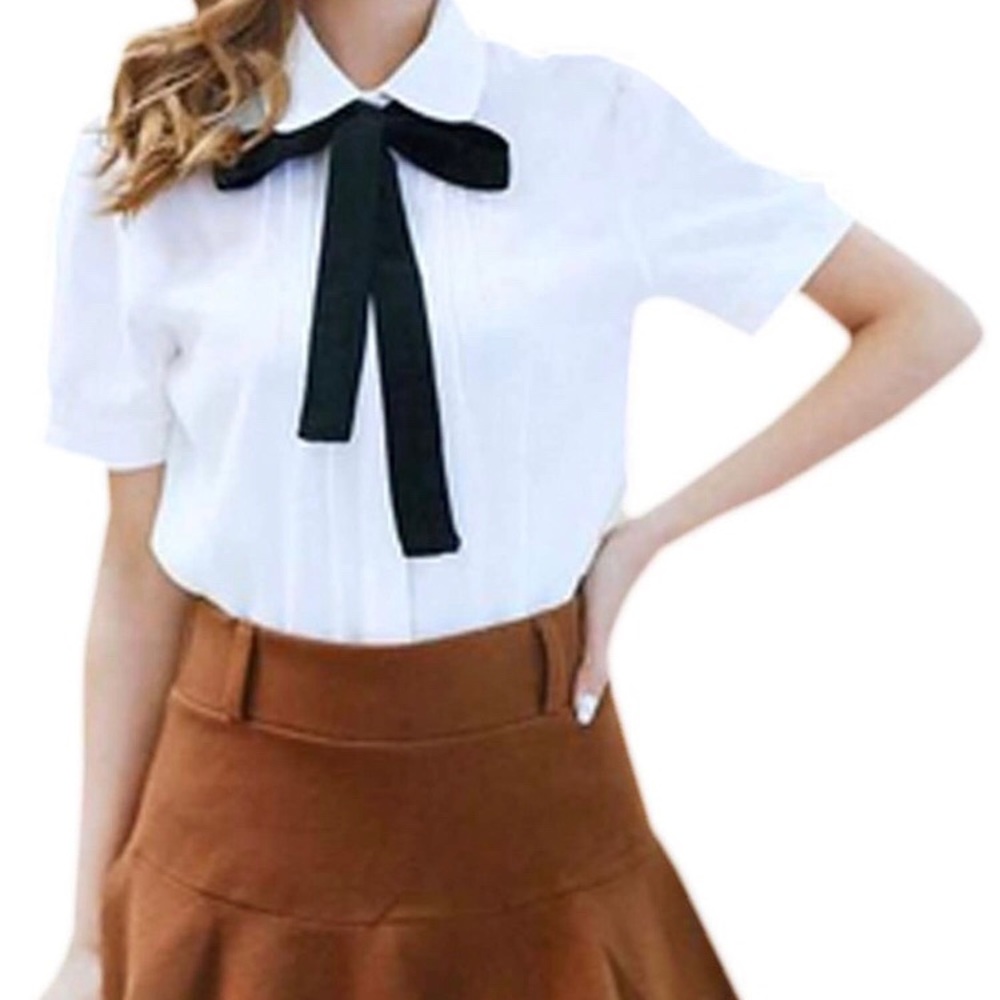 Women’s Chiffon Short Sleeve Bowknot Button Shirt